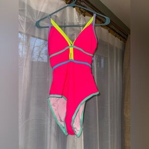 POPVIL Neon Pink One-Piece Swimsuit with Lime and Aqua Trim MEDIUM NEW W TAGS